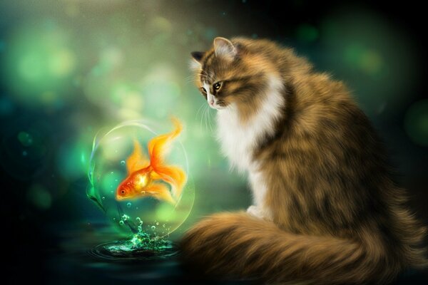 Disegno grafico di un gatto e un pesce rosso