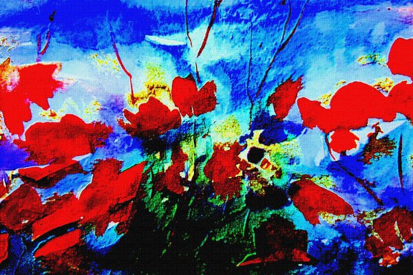 Red flowers on a blue background