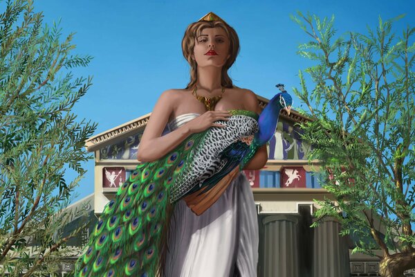 Богиня с павлином у дворца с дервеьями