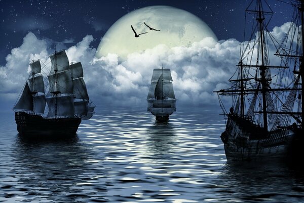 Fantasy ship under the moon