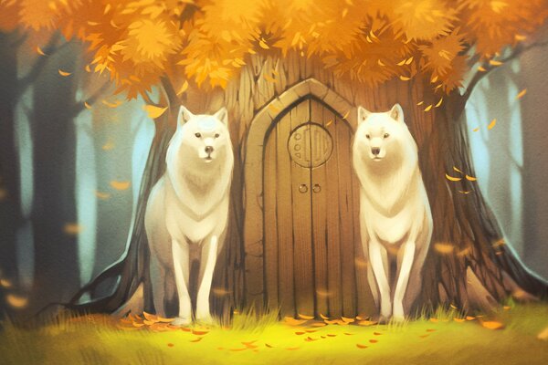 Weiße Wölfe im Herbstwald