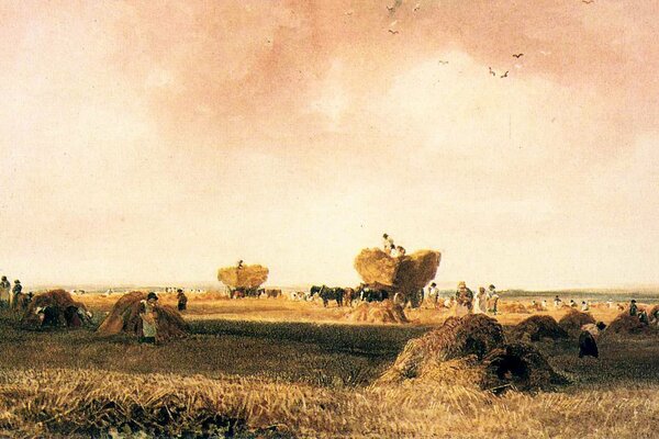 Картина людей в поле с возами сена