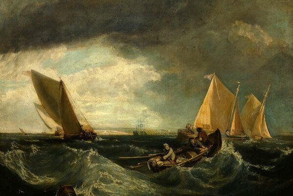 Painting people at sea on a boat in a storm