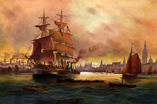 Les navires entrent dans le port au coucher du soleil