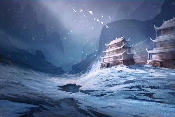 Asiatische Tempel Winterlandschaft