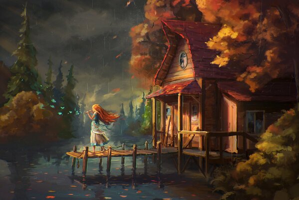 Red-haired girl on the dock playing the flute