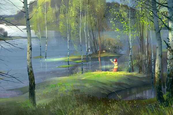 A little girl in a red scarf meets the morning on the river bank illuminated by the sun