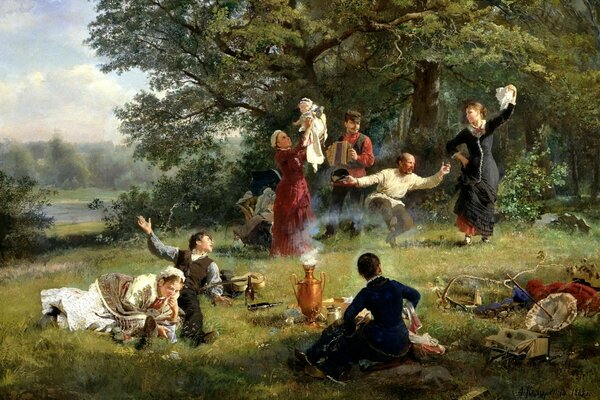 Painting. Festivities in the forest