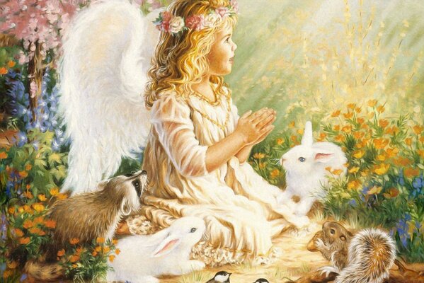 Dziecko anioł siedzi z wiewiórkami, zające, ptaki