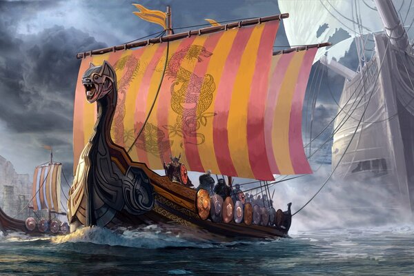 Vikings on a ship sailing on the sea