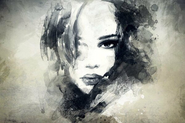 Black and white portrait of a girl with brush strokes