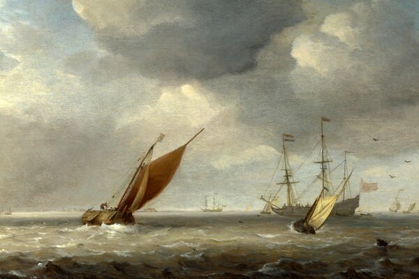 Seascape with a ship and a boat