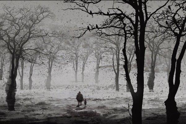 Adulte et enfant dans la forêt peinte en noir et blanc