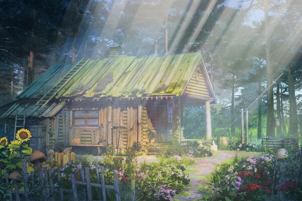 Картина со сказочным домиком, подсолнухами и лесом