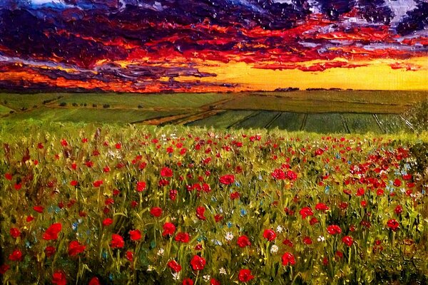 An oil painting depicting a poppy field