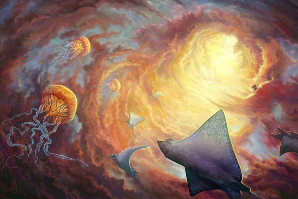 Stingrays and jellyfish in the solar whirlpool