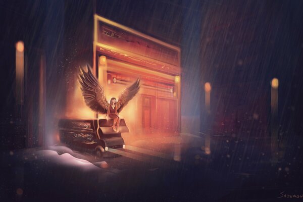 Arte chica con alas de ángel se sienta en un Pioneer durante la lluvia