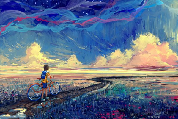 Painting a boy with a bicycle on a field road