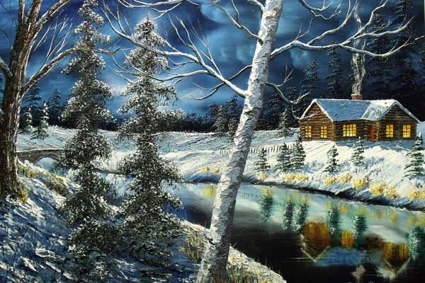 Malerische Winterlandschaft mit Fluss und Haus