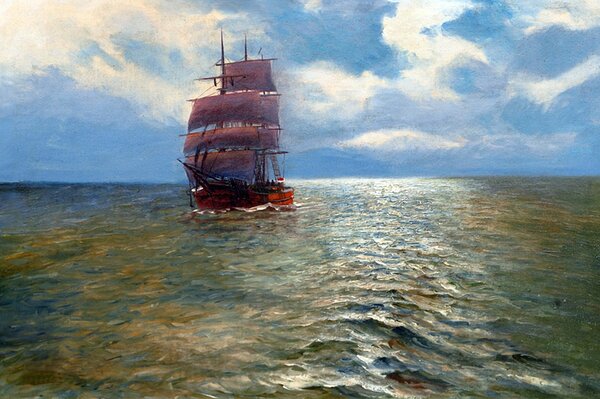 Peinture d un voilier en mer par Alfred Jansen
