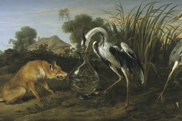 A crane has stuck its head in a glass jar with a narrow neck, and a fox and another crane are looking at it