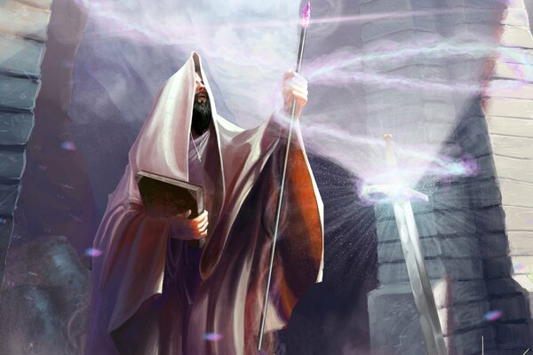 A hooded man with a magic staff