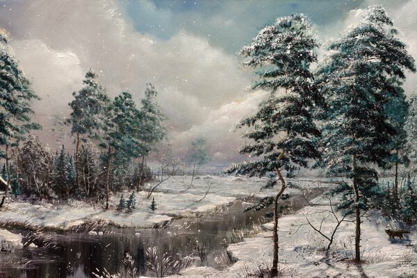 Картина зимнего пейзажа с высокими деревьями