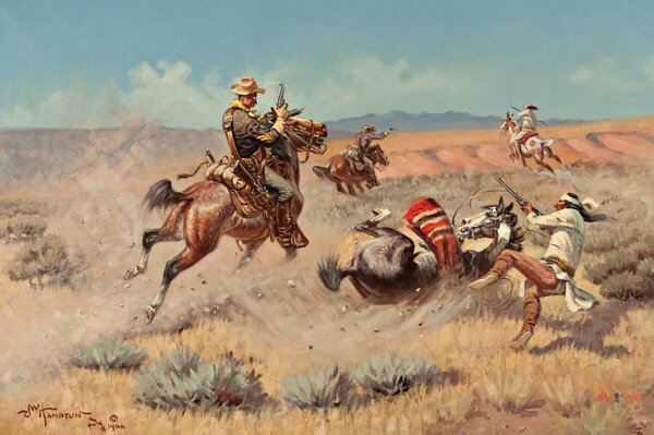 Cowboys fight Indians on the prairie