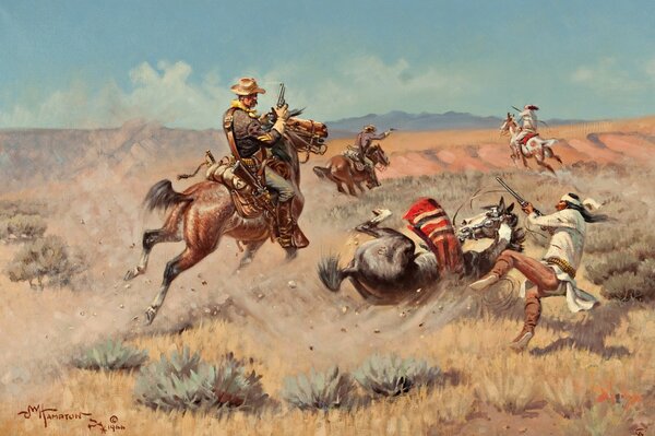Les Cowboys combattent les indiens dans la Prairie
