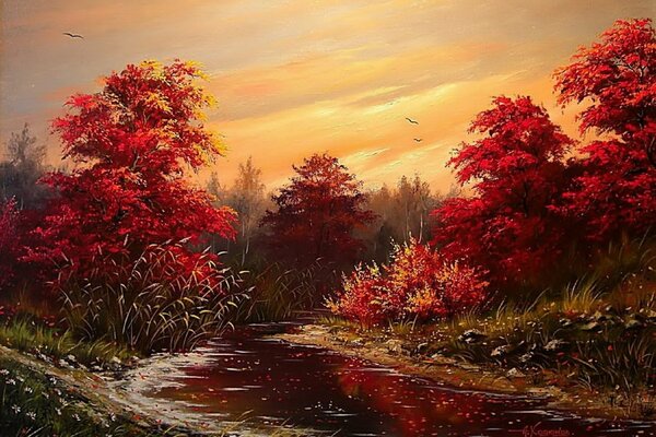 Peinture. Forêt d automne près de la rivière