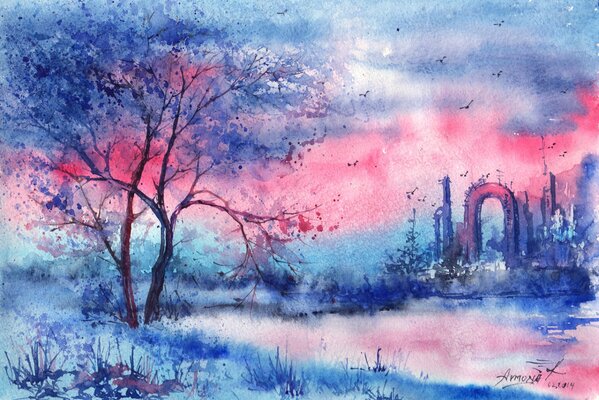 Drawing of a river, a tree and an arch in pink tones