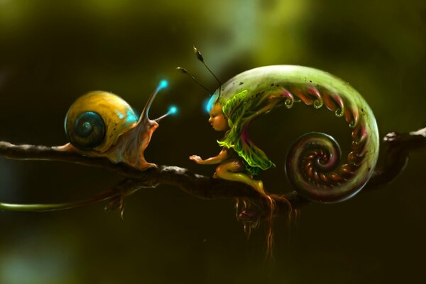 A snail and a girl in the shell of a snail on a branch