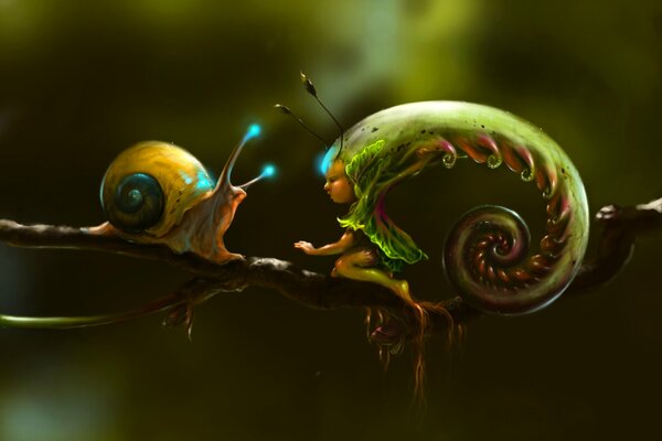 Escargot et fille dans la coquille d escargot sur la branche