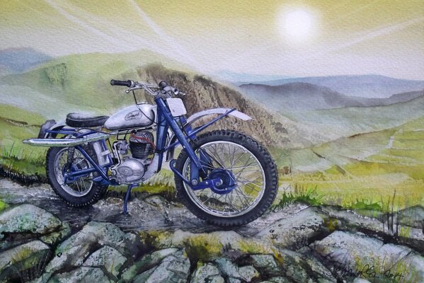 Beau dessin de moto dans les montagnes