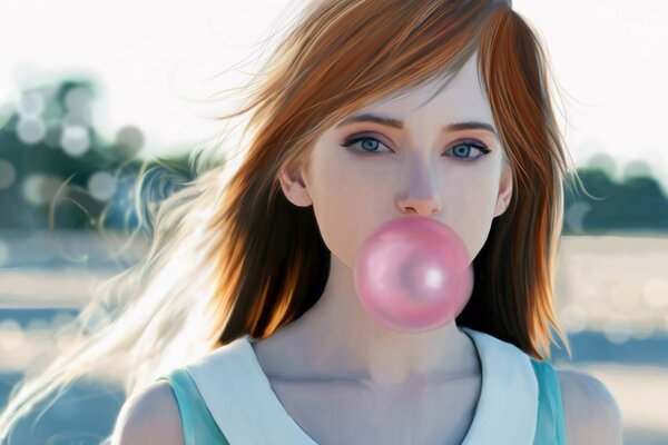 A girl inflating a bubble of gum