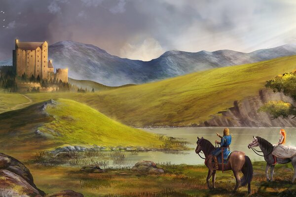 Un jeune homme et une jeune fille reviennent de l équitation dans un château situé sur les collines