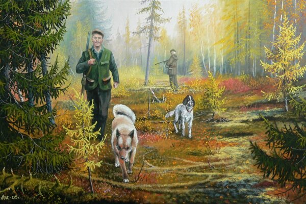 Deux chasseurs avec deux chiens dans la Taïga d automne