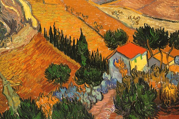 Ein Gemälde von Vincent Van Gogh in Form einer gemütlichen Landschaft, in der ein Feld, Bäume und ein brennendes Haus abgebildet sind