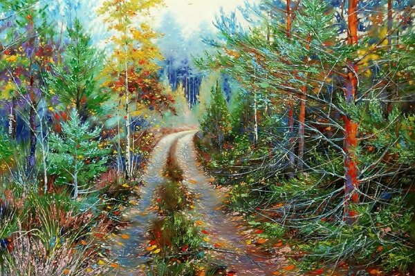 Il dipinto di Hodyukov, che raffigura una strada forestale dipinta ad olio