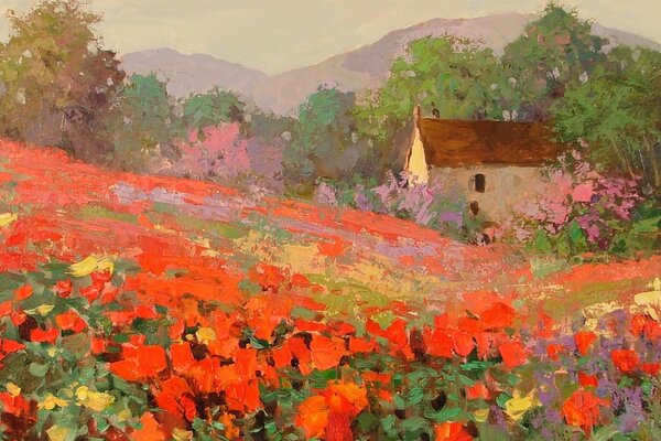 Beau paysage avec des coquelicots et d autres fleurs