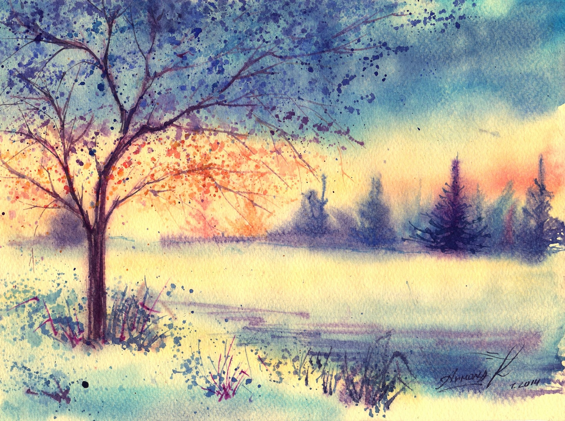 gezeichnete landschaft aquarell morgen winter baum gras