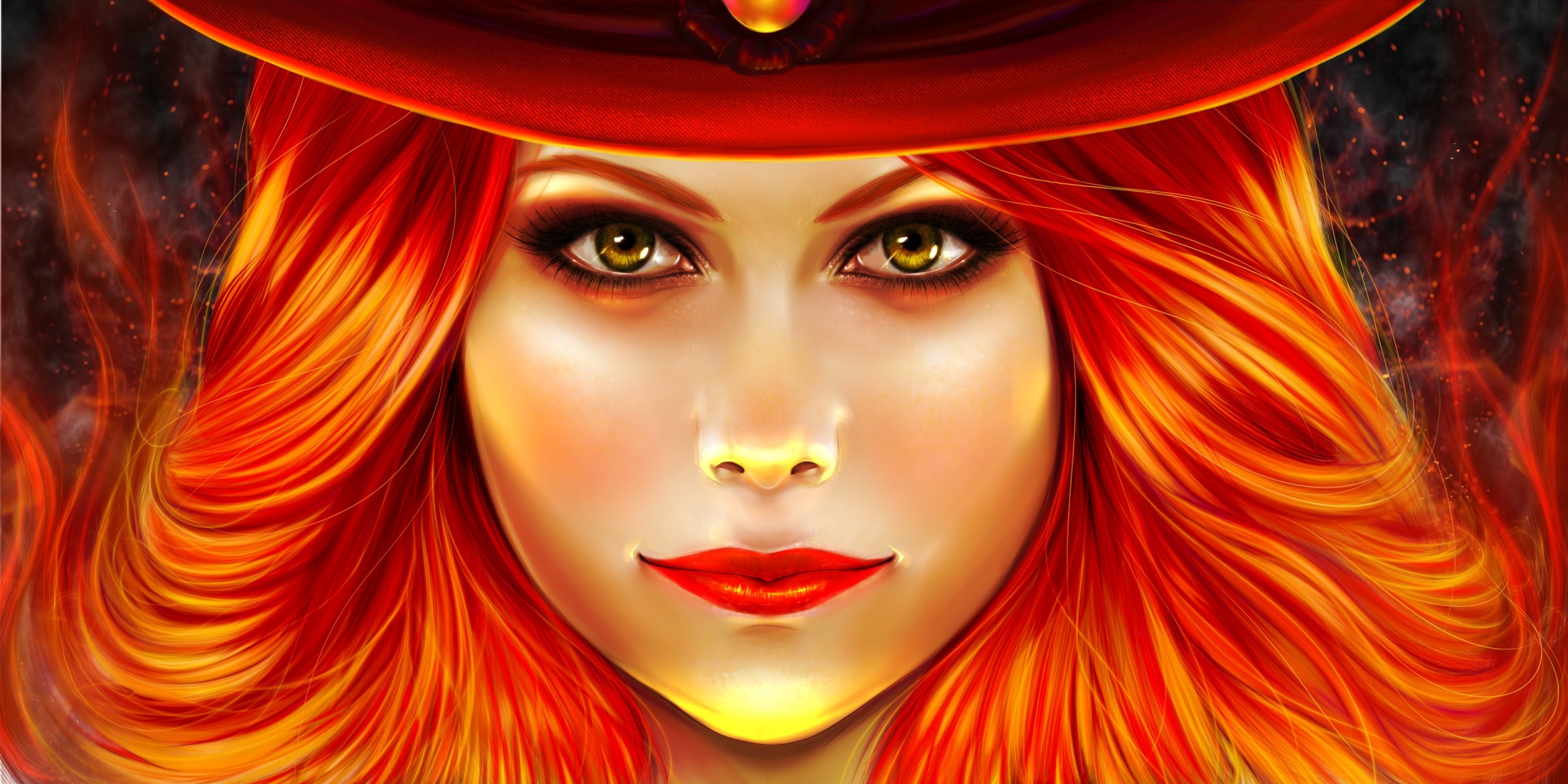 fiction art girl face view phoenix red hair fire