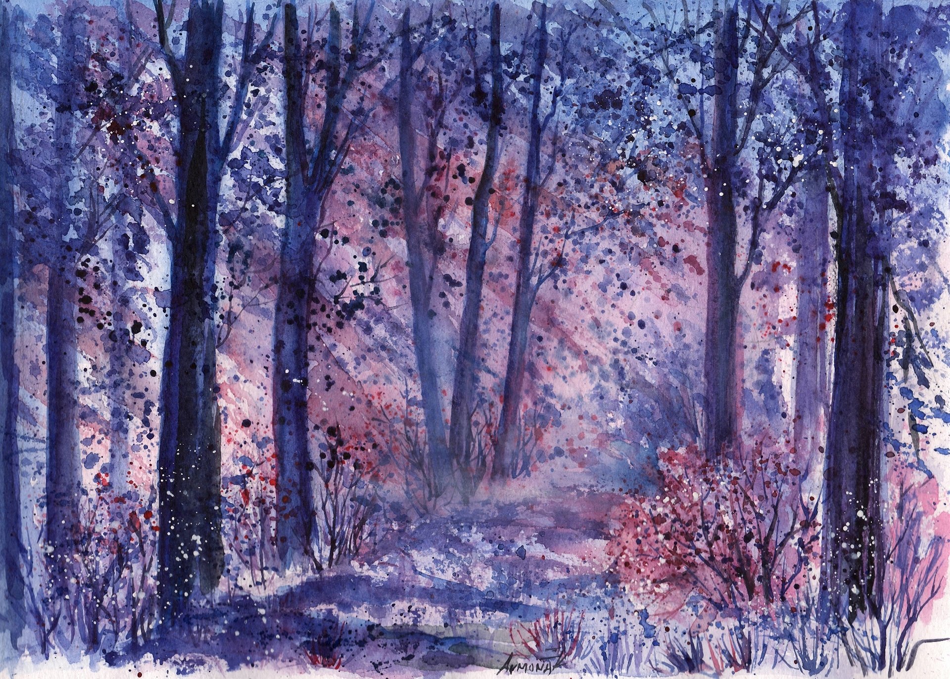 paisaje pintado acuarela bosque árboles arbustos hierba