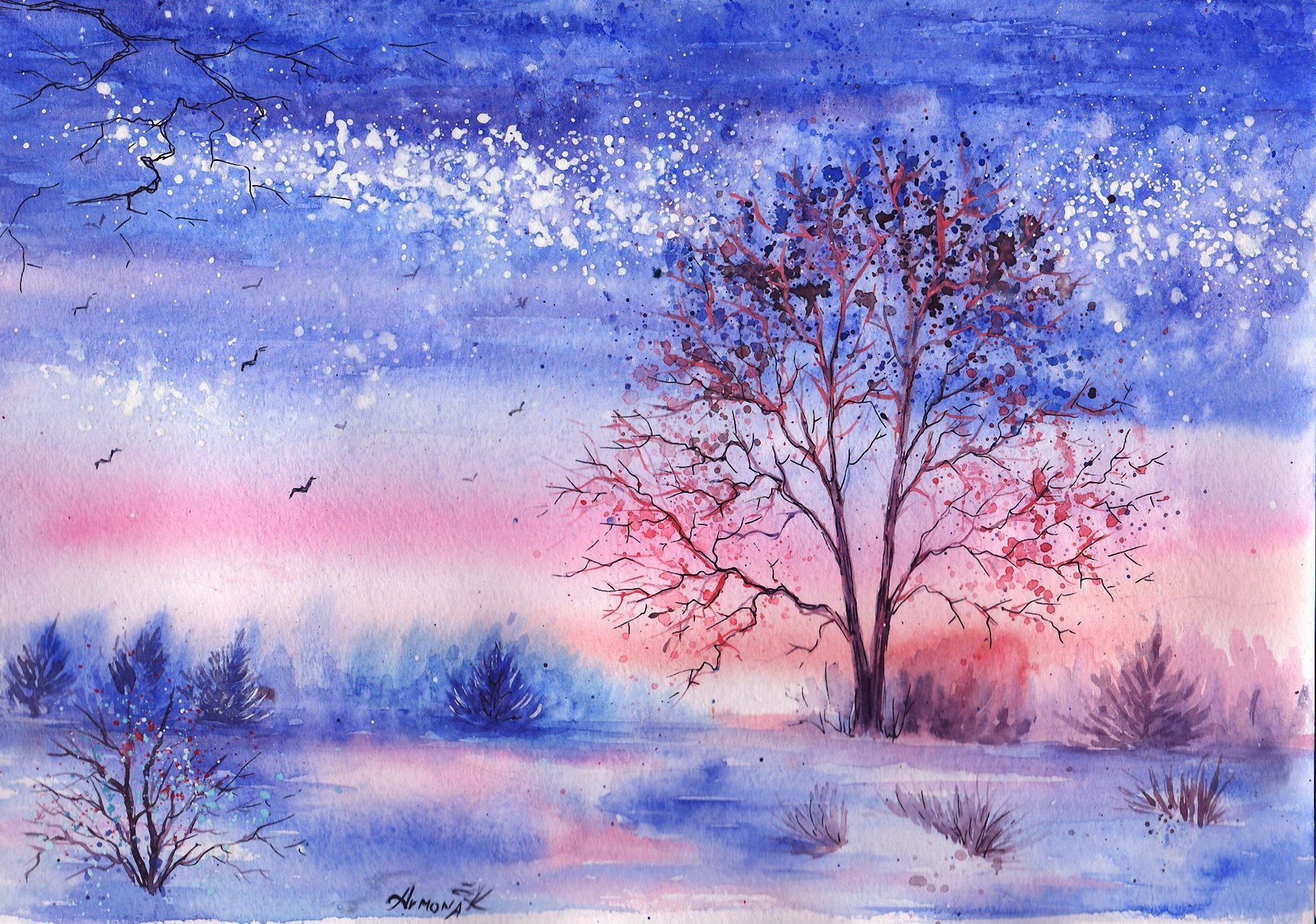 gezeichnete landschaft aquarell winter bäume vögel büsche see gras