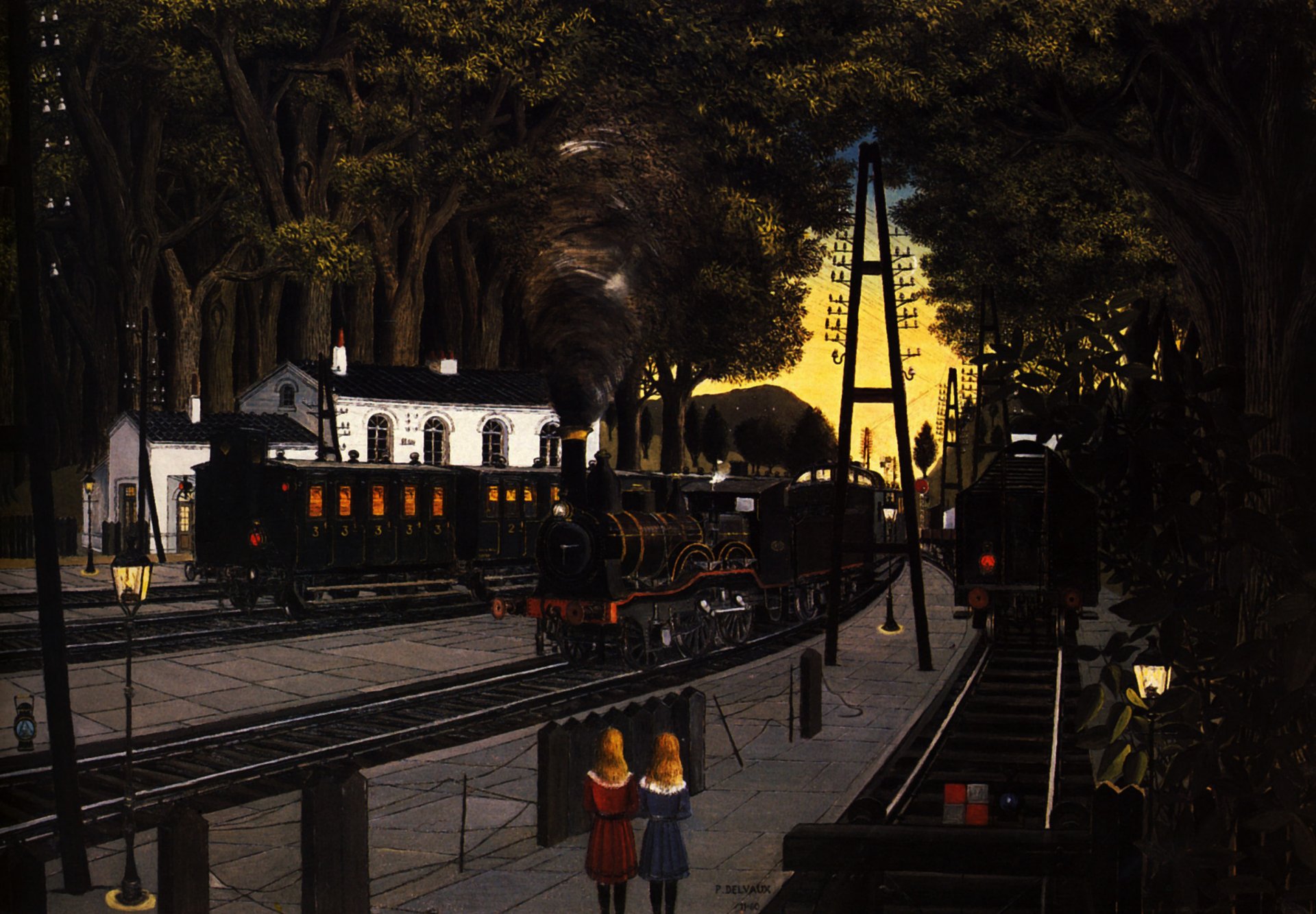 pintura arte paul delvaux dibujo estación locomotoras de vapor humo rieles árboles estación personas linternas