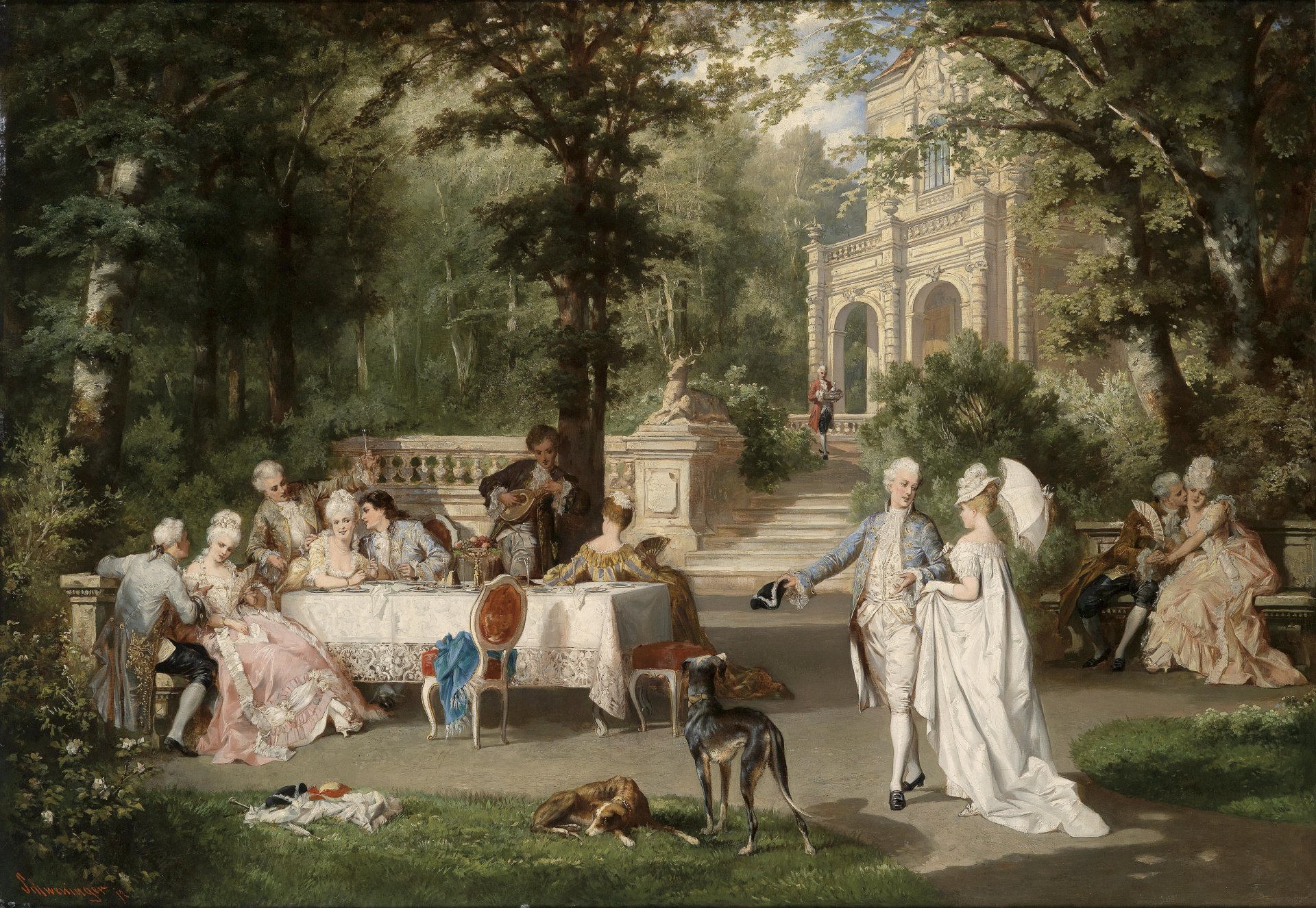 karl schweninger jr. autriche vienne 19ème siècle image galante gesellschaft im schlosspark palais parc arbres dames messieurs table chiens lévriers karl schweninger jr. 19ème siècle peinture société galante à schlosspark