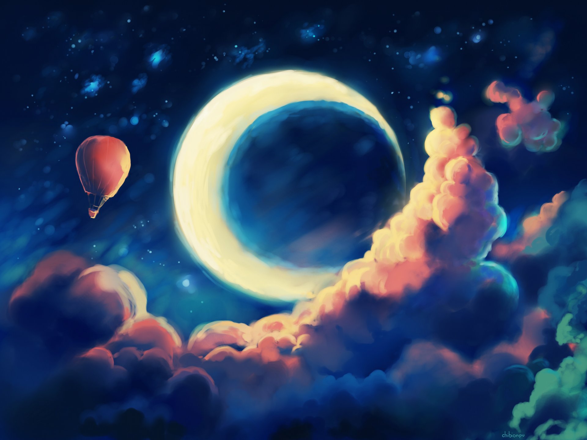 art fantaisie ciel nuages nuit mois ballon