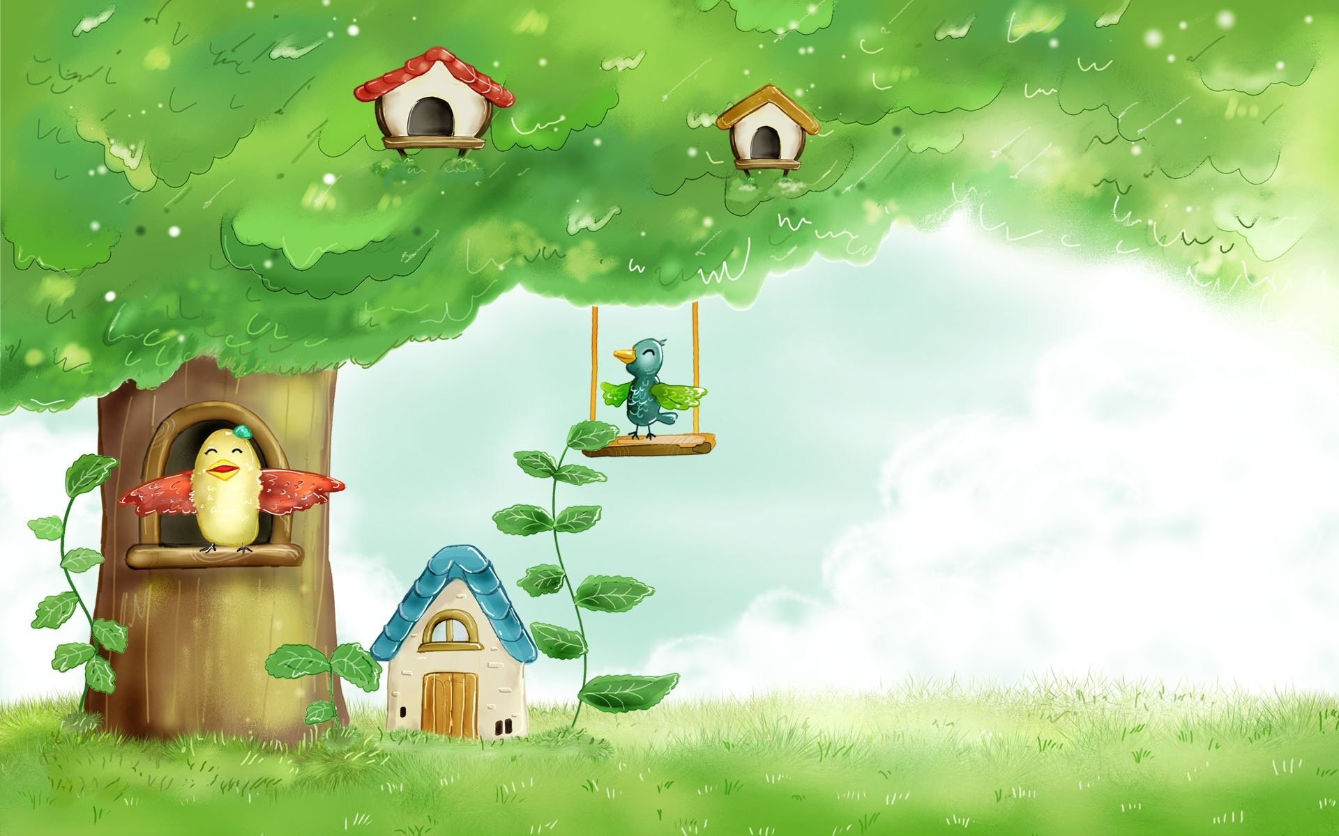 pájaro casa árbol hojas dibujo pintura cuento de hadas infancia cielo hierba