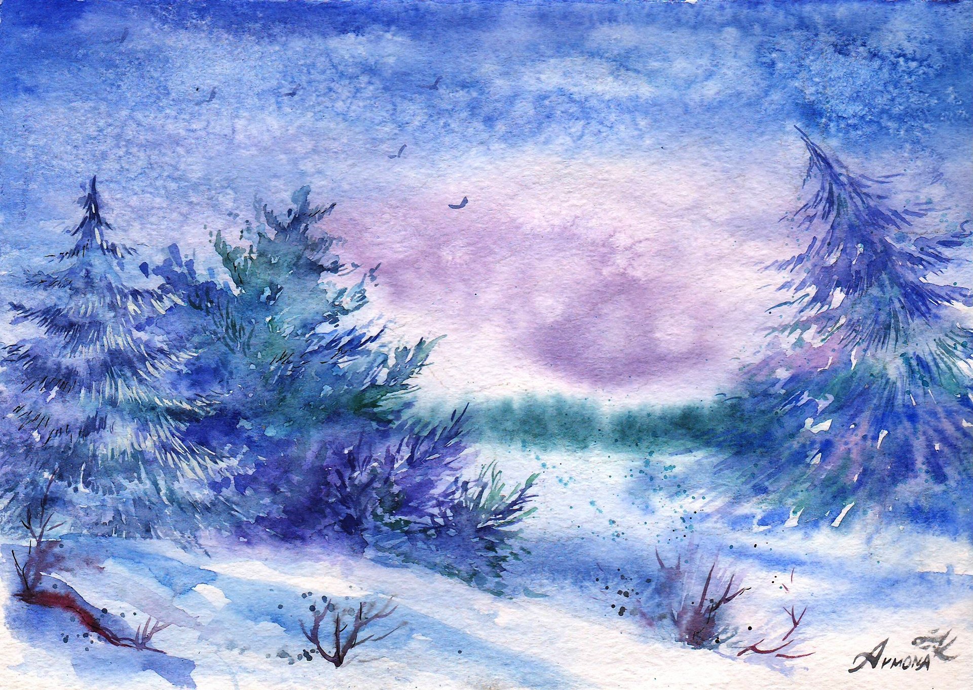 painted landscape watercolor winter birds snow