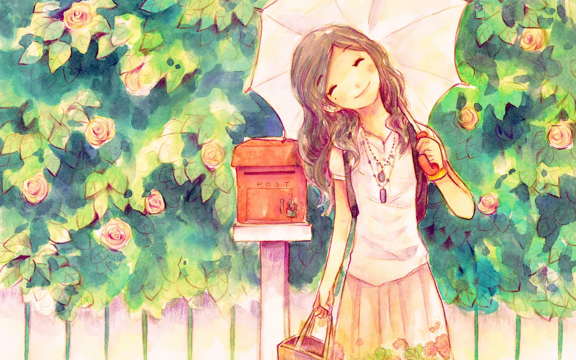 girl umbrella mailbox smile good mood